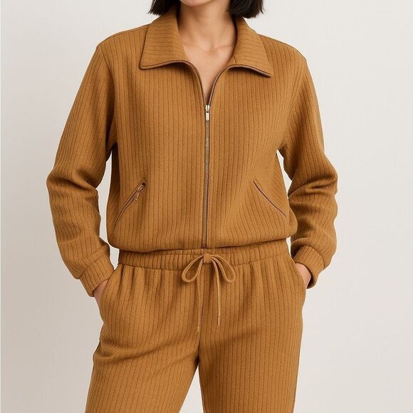 St. John Vintage Tan Brown Jogging Track Suit Set Jacket and Pull on Pants - Picture 3 of 15